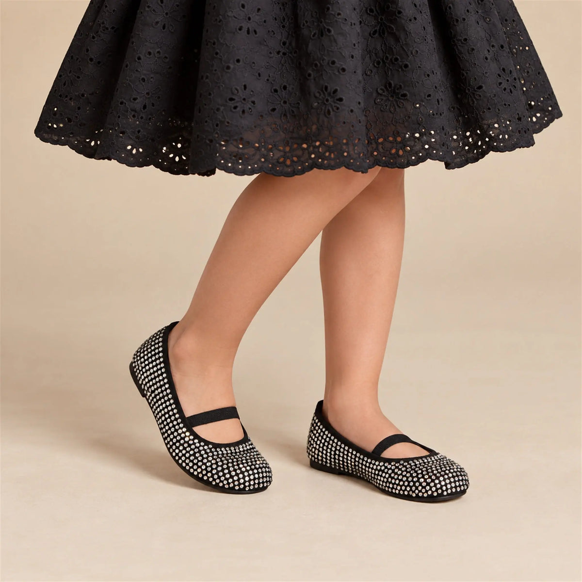Babywalker Black Swarovski Crystal Ballet Flats close-up lookbook of a child wearing
