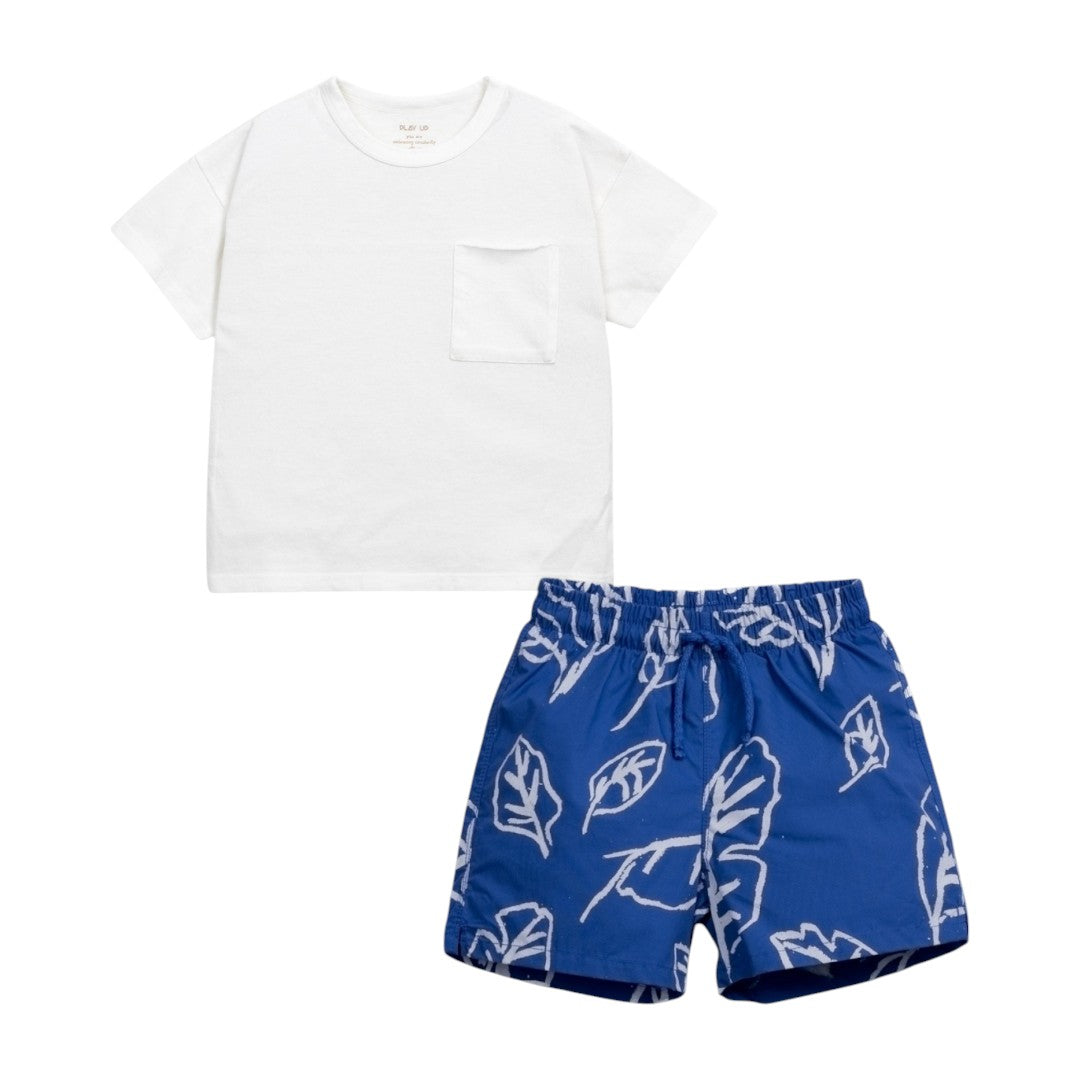 Plain White Jersey T-shirt &amp; Ocean Leaves Swim Shorts