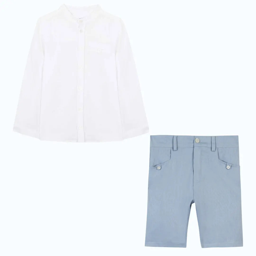 100% Linen White Shirt Boys &amp; Blue Shorts TARTINE ET CHOCOLAT