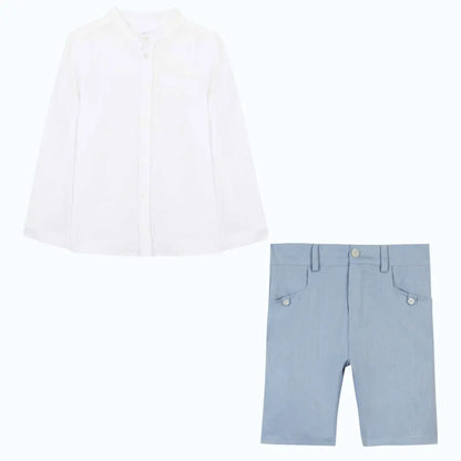 100% Linen White Shirt Boys &amp; Blue Shorts TARTINE ET CHOCOLAT