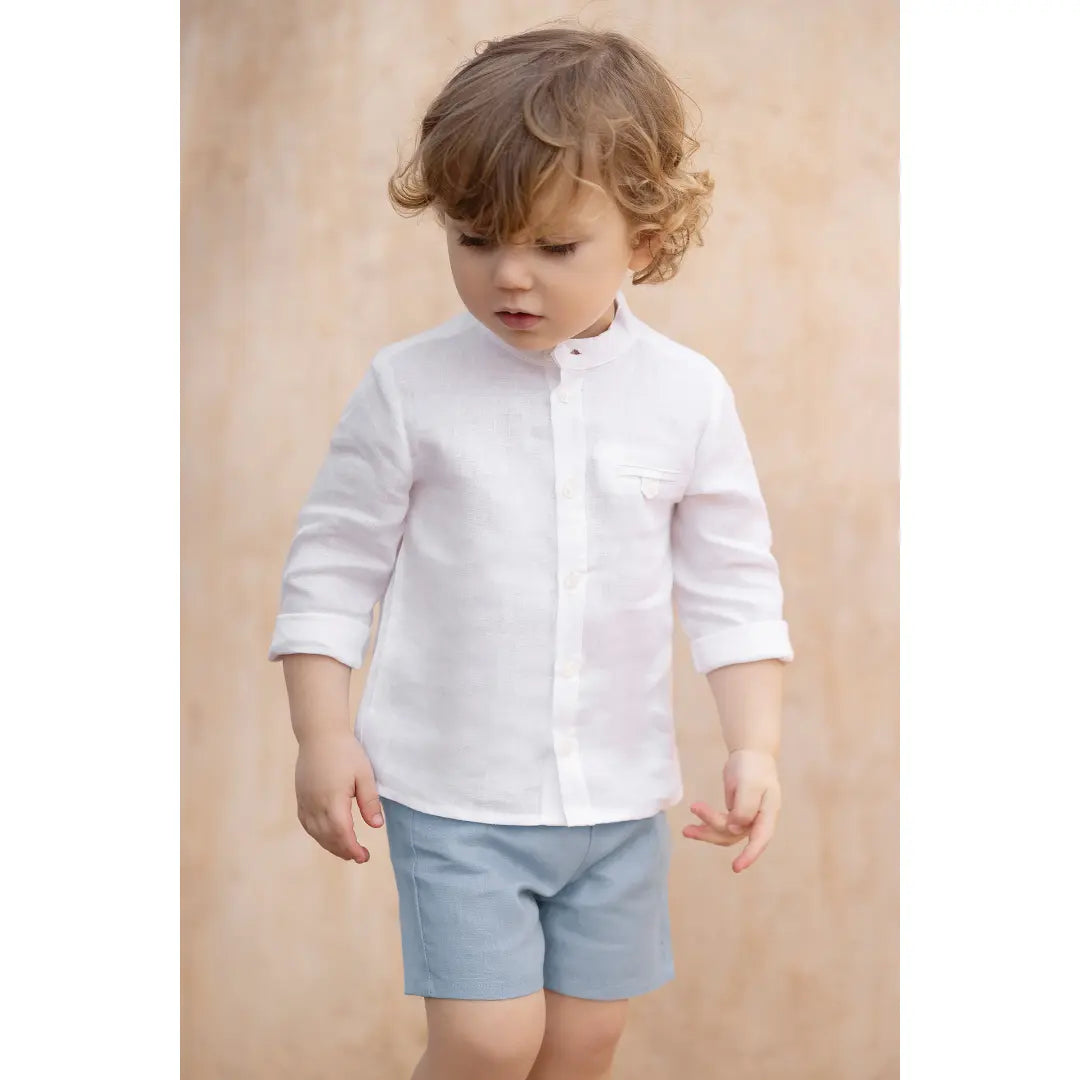 100% Linen White Shirt Boys &amp; Blue Shorts TARTINE ET CHOCOLAT