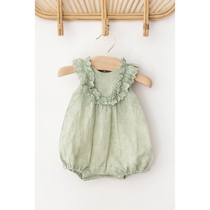 Green Linen Baby Girl Romper