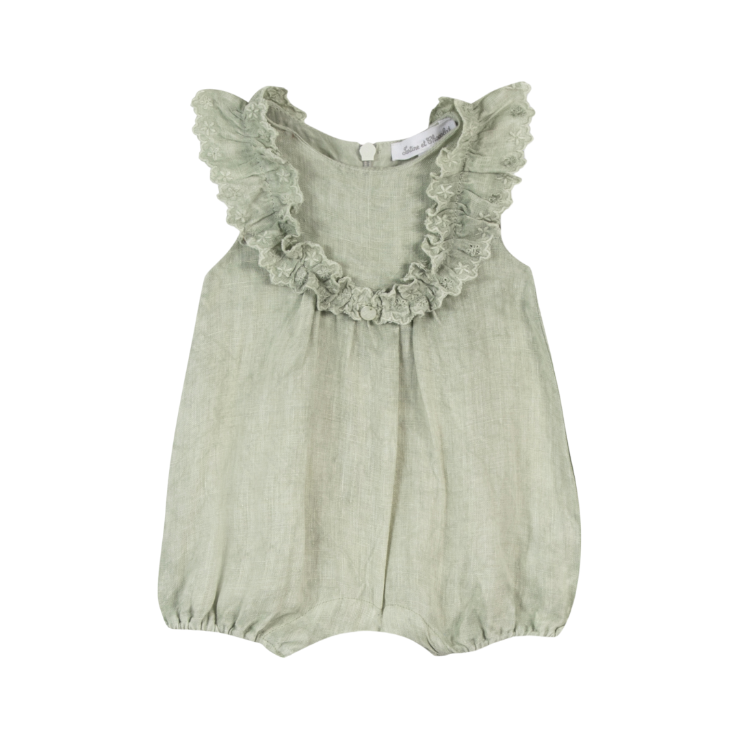 Green Linen Baby Girl Romper