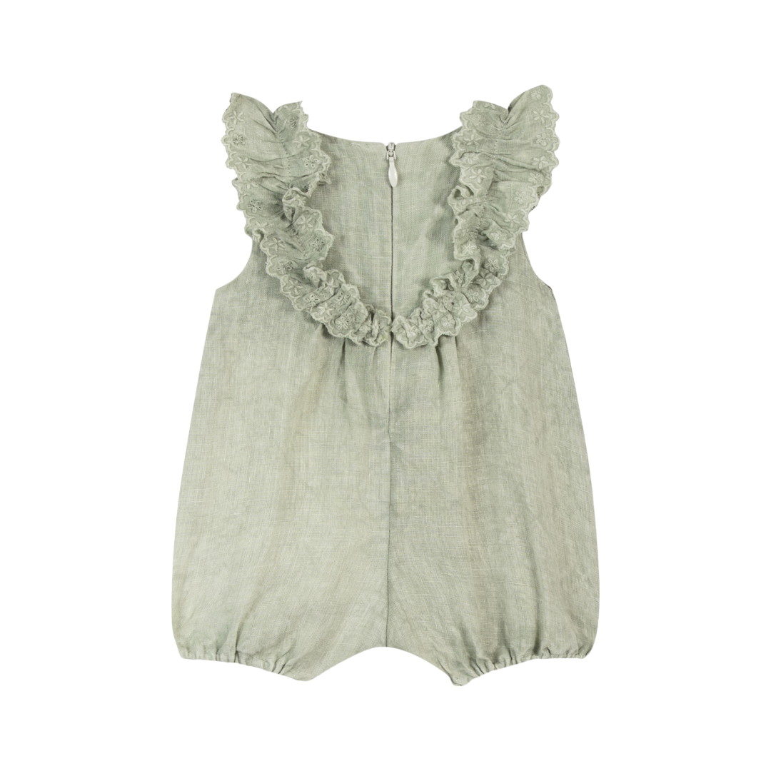 Green Linen Baby Girl Romper