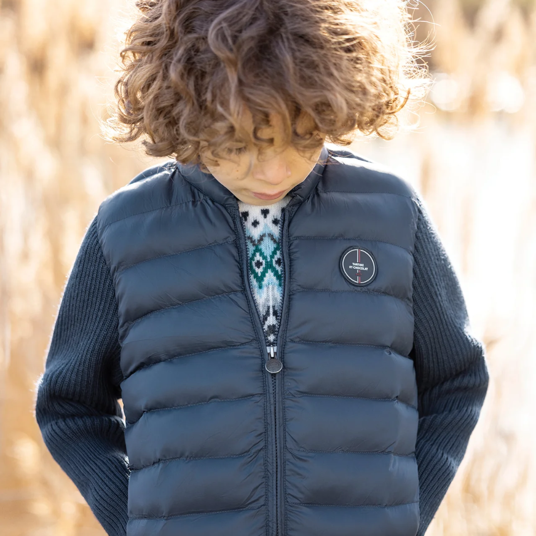 Navy Winter Jacket with Knit Sleeves