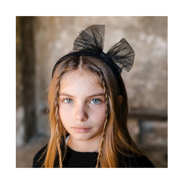 Headband With Glitter Tulle Bow - Blue