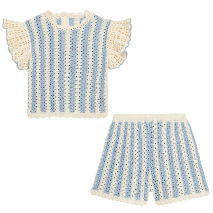 Lyse Knit Top &amp; Mekylane Blue Striped Shorts Set for Girls LOUISE MISHA
