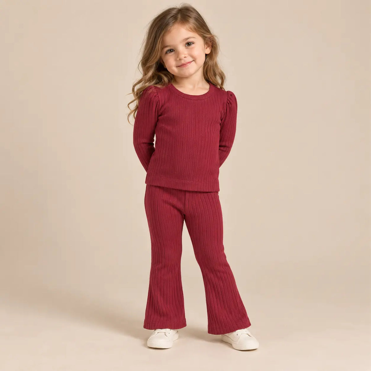 3 year girl wearing Baby Girl Ribbed T-shirt &amp; Flared Leggings - Burgundy