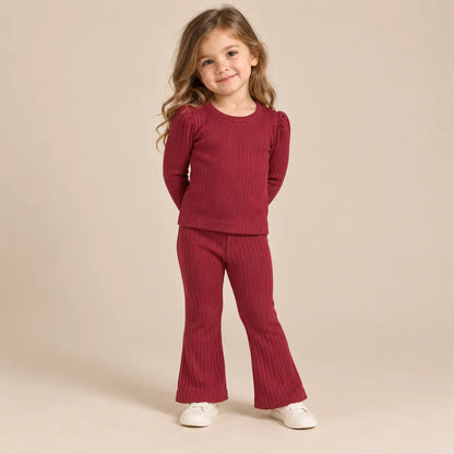 3 year girl wearing Baby Girl Ribbed T-shirt &amp; Flared Leggings - Burgundy