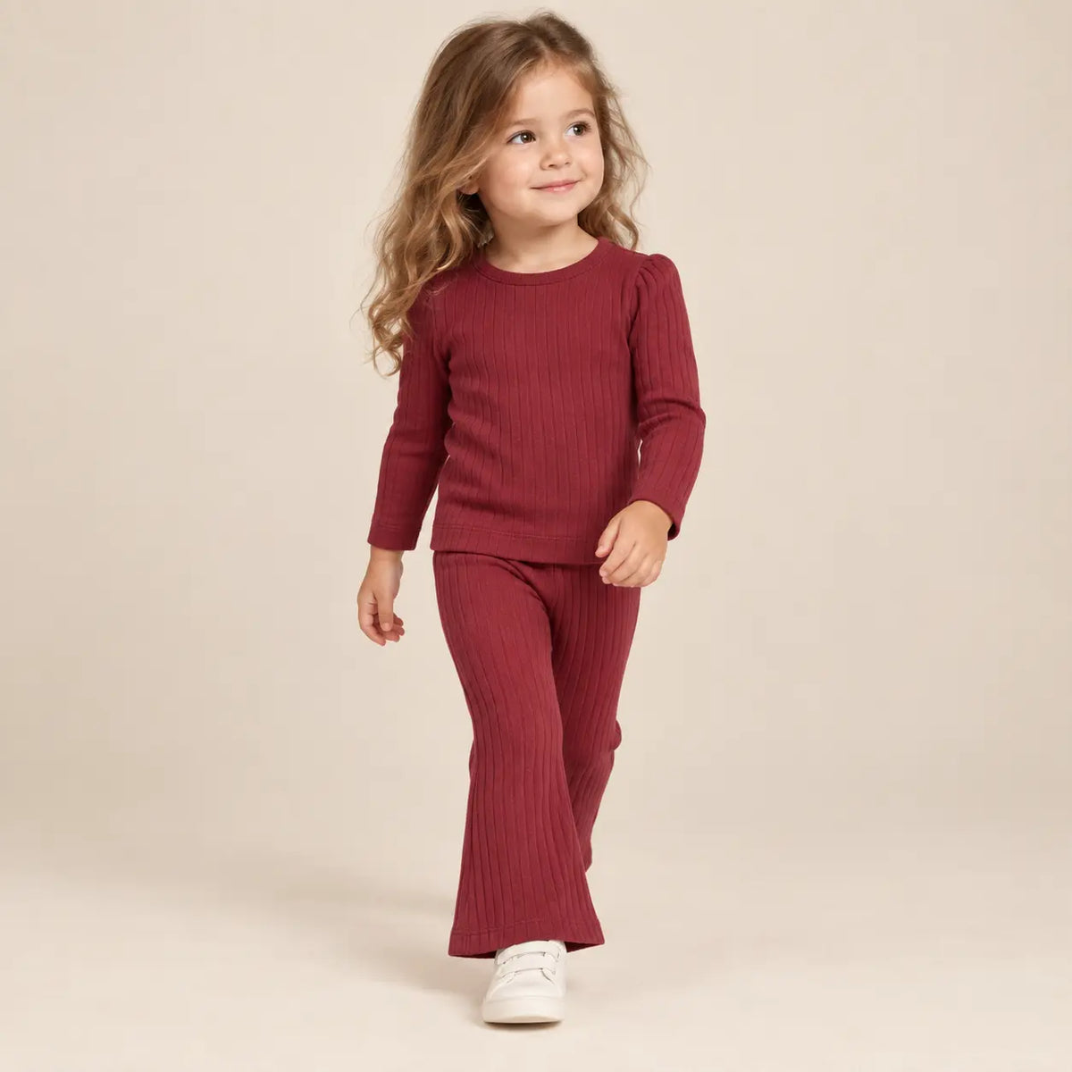 3 year girl wearing Baby Girl Ribbed T-shirt &amp; Flared Leggings - Burgundy walking pose