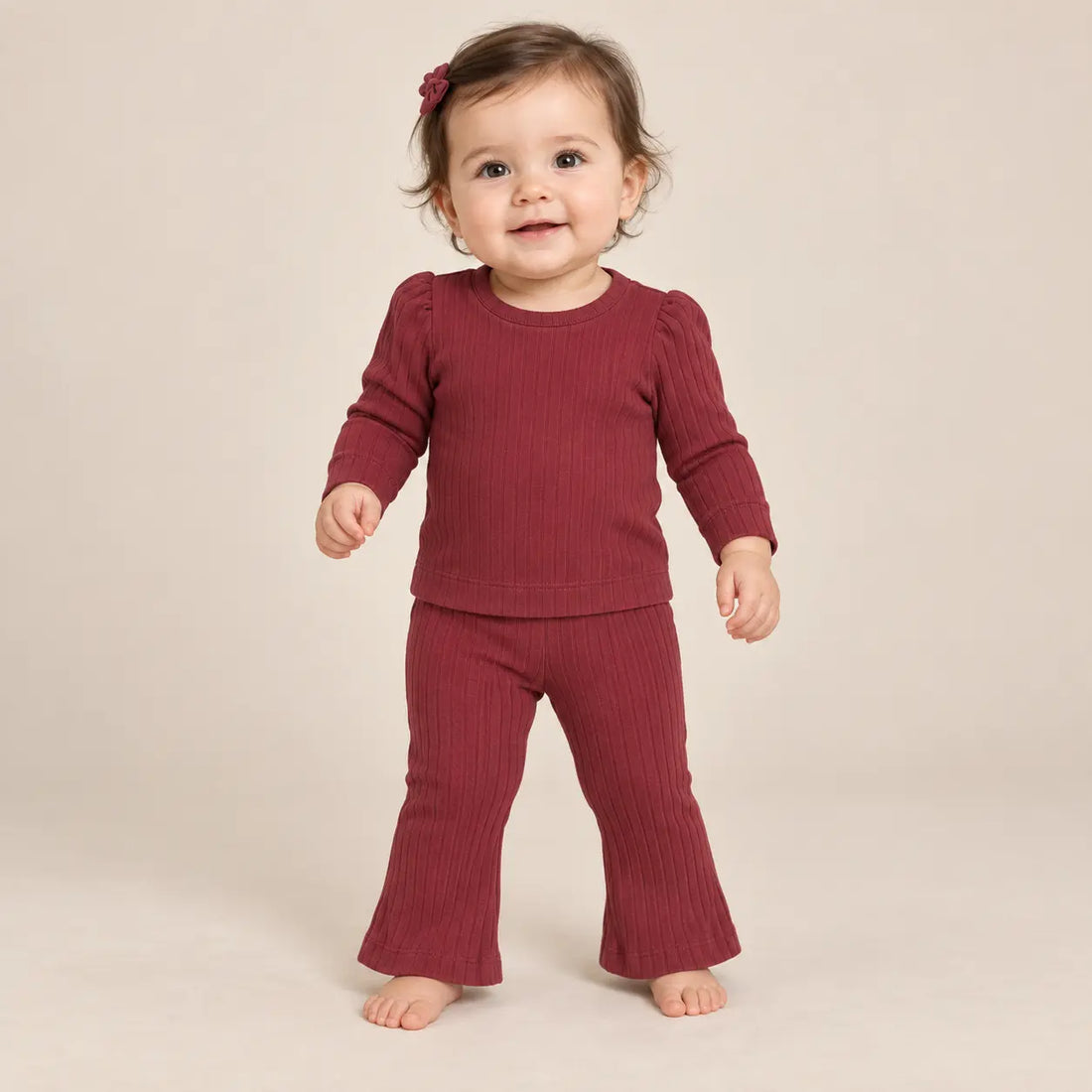9 month girl wearing Baby Girl Ribbed T-shirt &amp; Flared Leggings - Burgundy