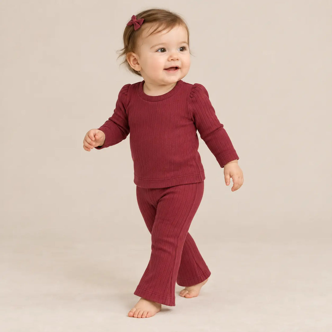 9 month girl wearing Baby Girl Ribbed T-shirt &amp; Flared Leggings - Burgundy walking pose