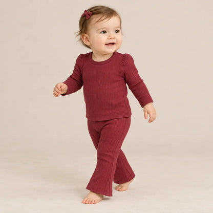 9 month girl wearing Baby Girl Ribbed T-shirt &amp; Flared Leggings - Burgundy walking pose