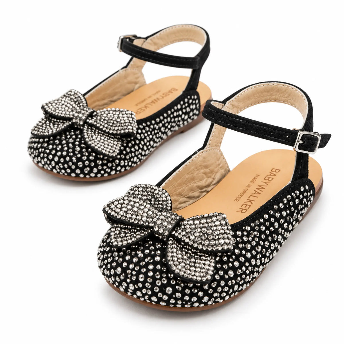 BabyWalker Black Rhinestone Bow Girls Sandals — product image on white