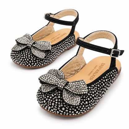 BabyWalker Black Rhinestone Bow Girls Sandals — product image on white
