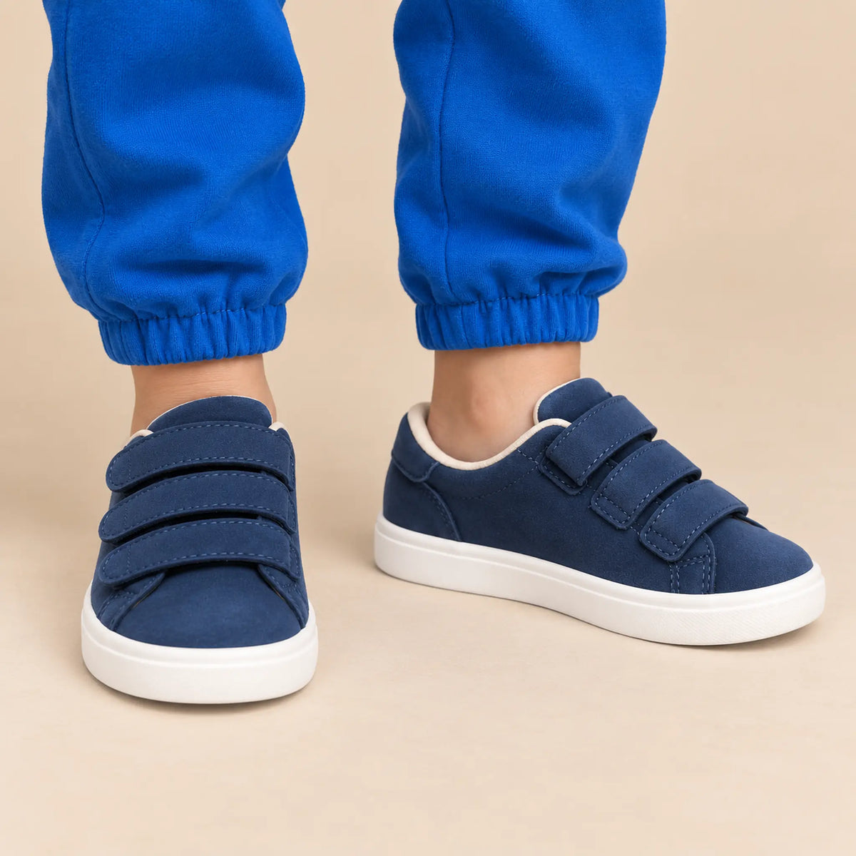 Three Velcro Strap Leather Sneakers - Blue - tight worn shoe close-up