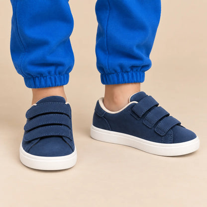 Three Velcro Strap Leather Sneakers - Blue - tight worn shoe close-up