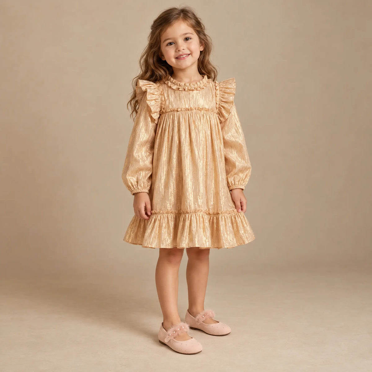 Swarovski Crystals Suede Ballerina Nude - girl wearing size 30 with Golden Dress Nolia