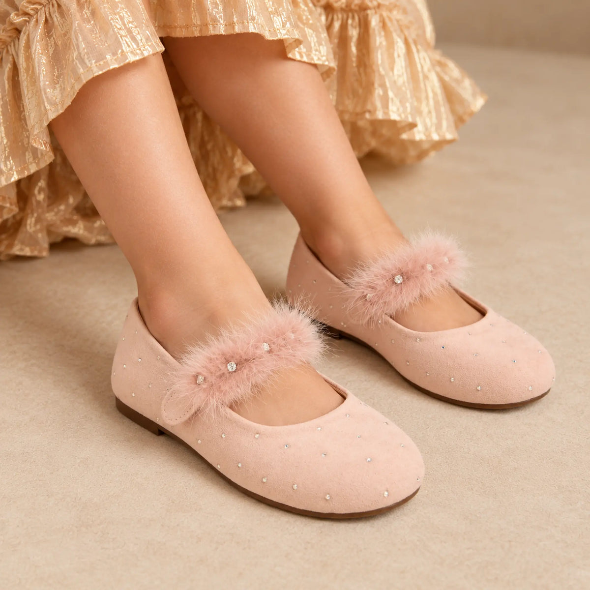 Swarovski Crystals Suede Ballerina Nude - detailed worn close-up, size 30