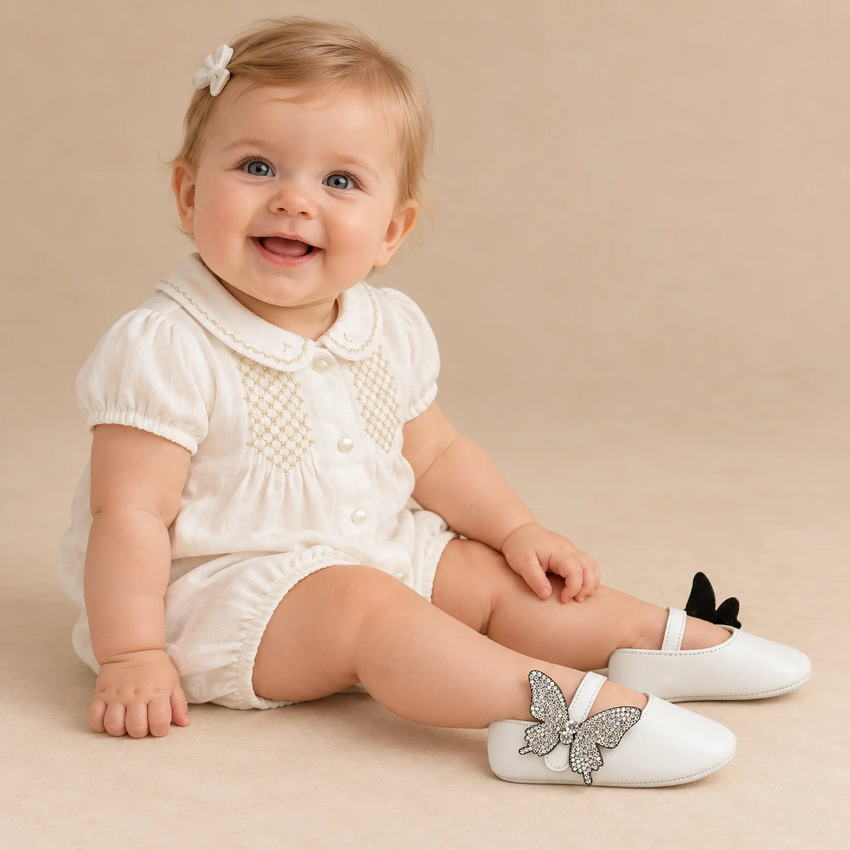 BabyWalker White Leather Baby Ballerina Shoes with Side Crystal Butterfly - approved baby girl full lookbook, shoe size 16-17