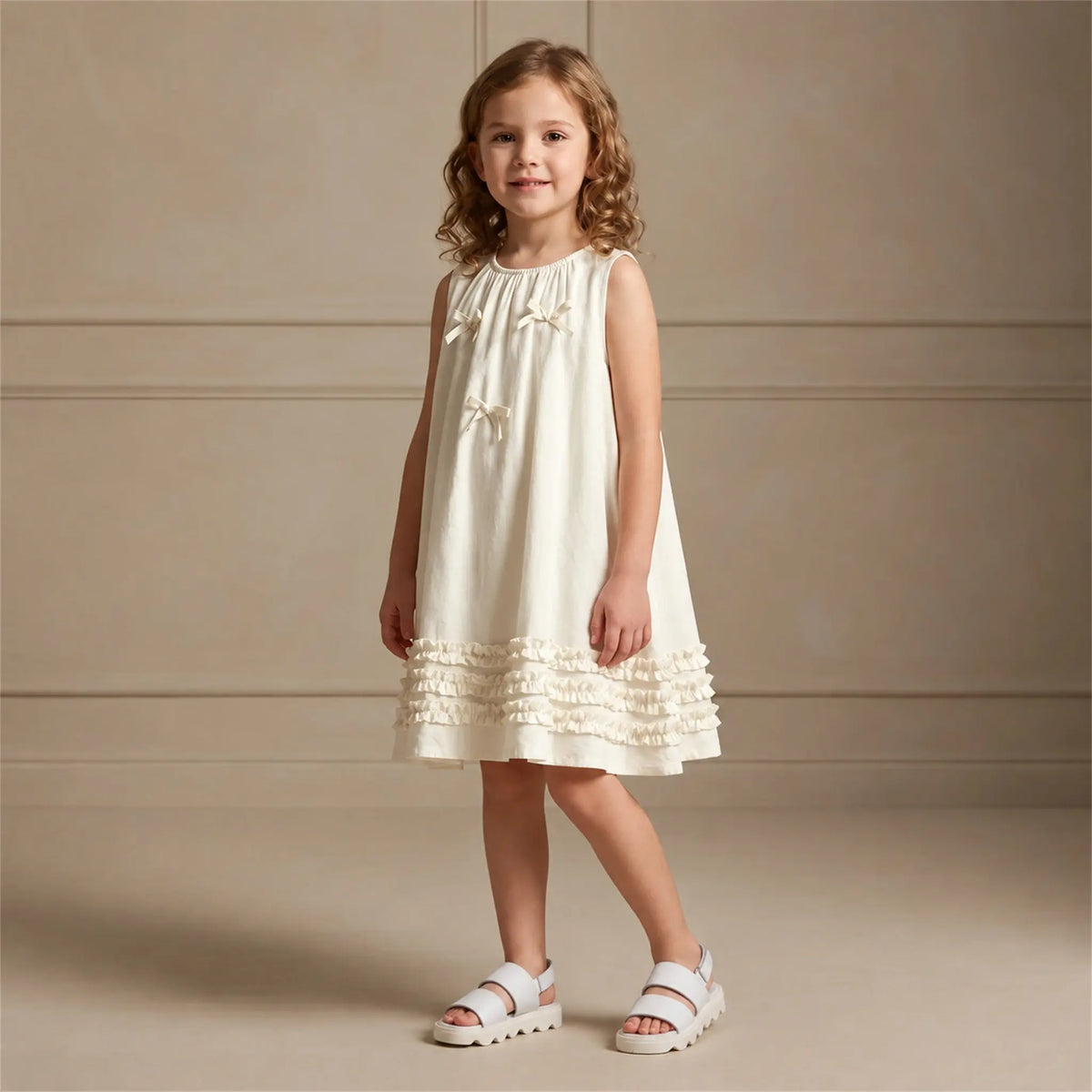 Girl wearing Babywalker white and off-white sandals size 30 with Ivory Sky dress