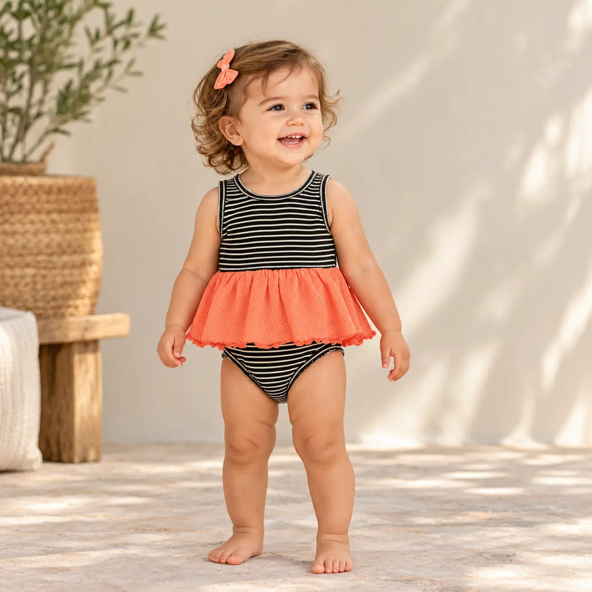 24 month girl wearing Barbara Stripes Onesie