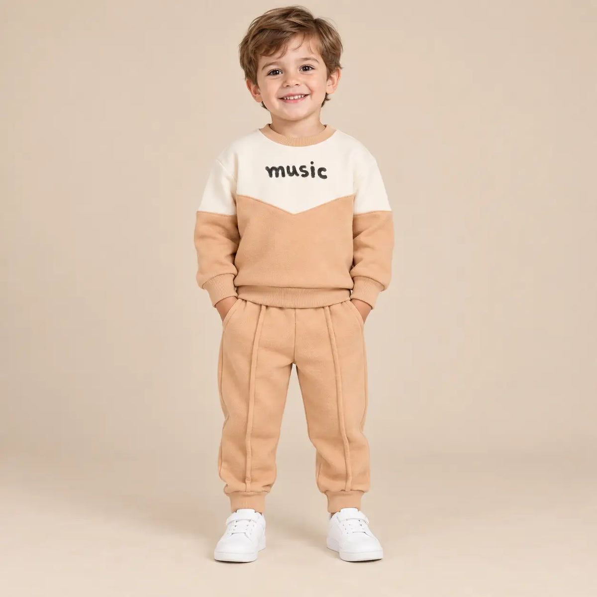 3 year boy wearing Beige &amp; White Organic Cotton Sweatshirt &amp; Sweatpants