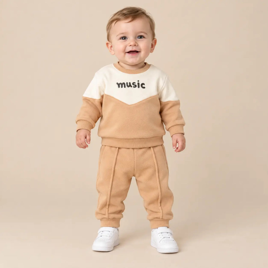 6 month boy wearing Beige &amp; White Organic Cotton Sweatshirt &amp; Sweatpants
