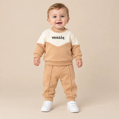 6 month boy wearing Beige &amp; White Organic Cotton Sweatshirt &amp; Sweatpants