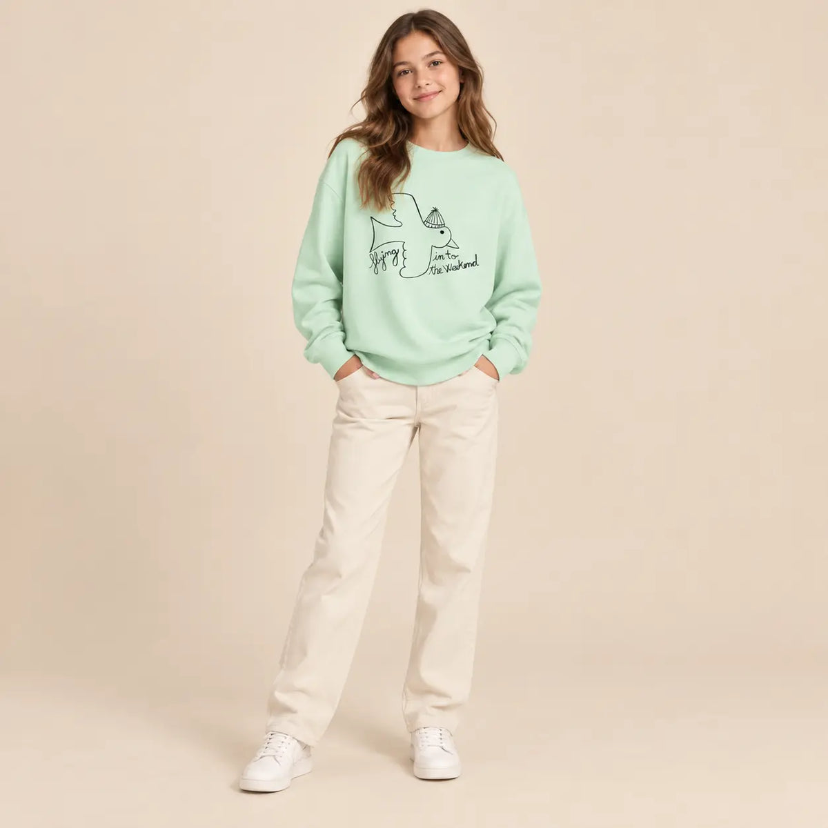 Bird T-shirt - Green - 13Y girl lookbook pose 1