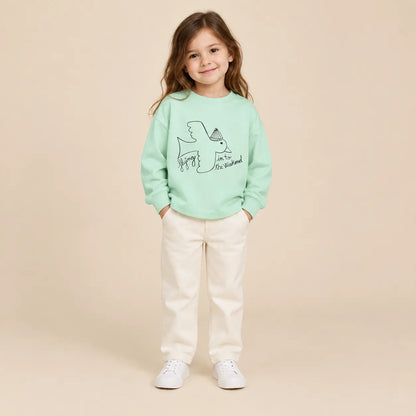 Bird T-shirt - Green - 4Y girl lookbook pose 1