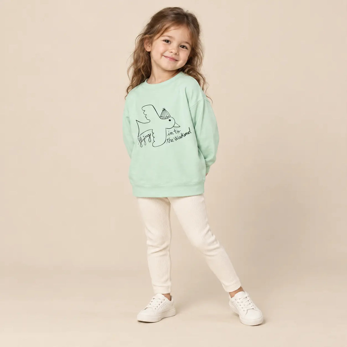 Bird T-shirt - Green - 4Y girl lookbook pose 2