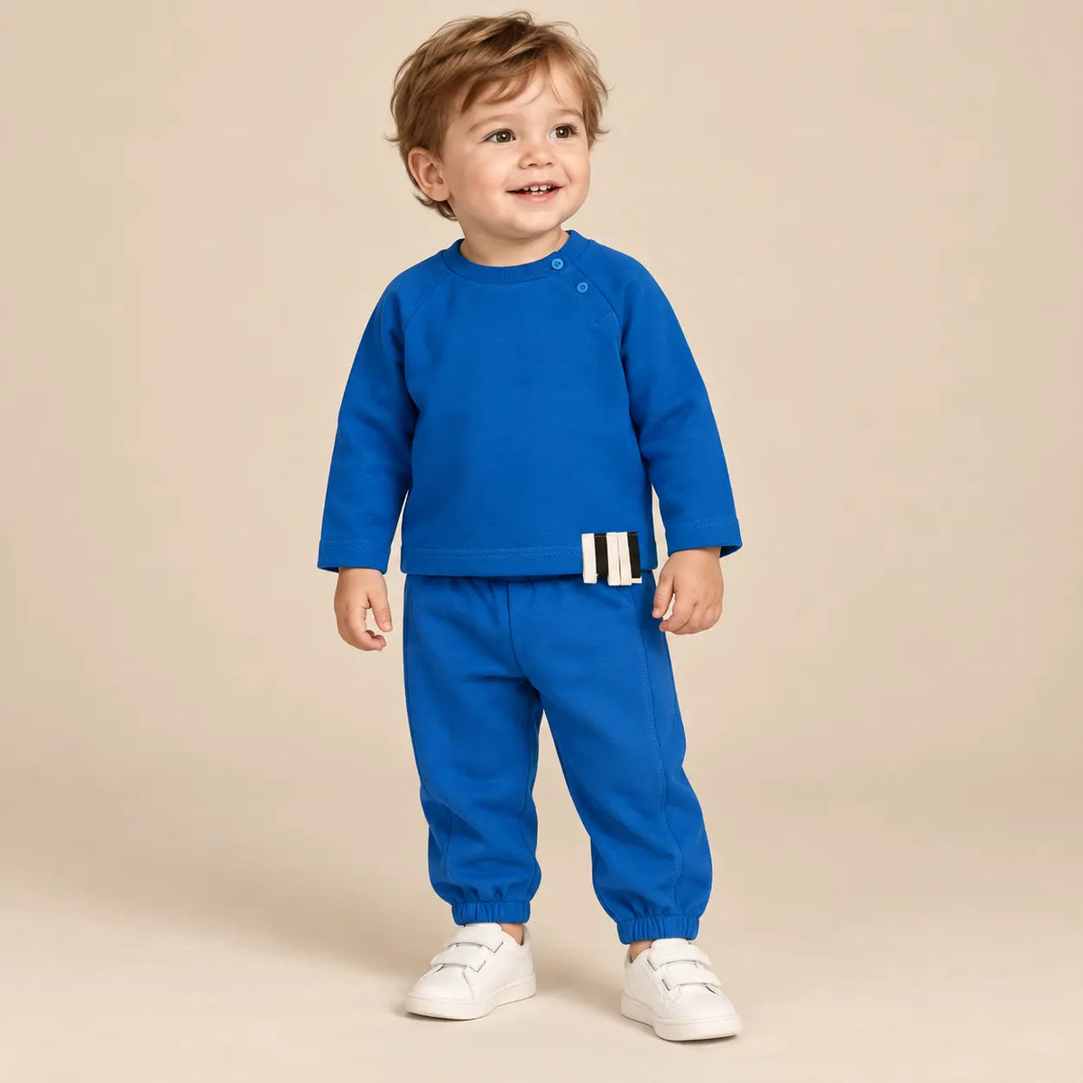 18 month boy wearing Blue Organic Cotton Sweatshirt &amp; Sweatpants