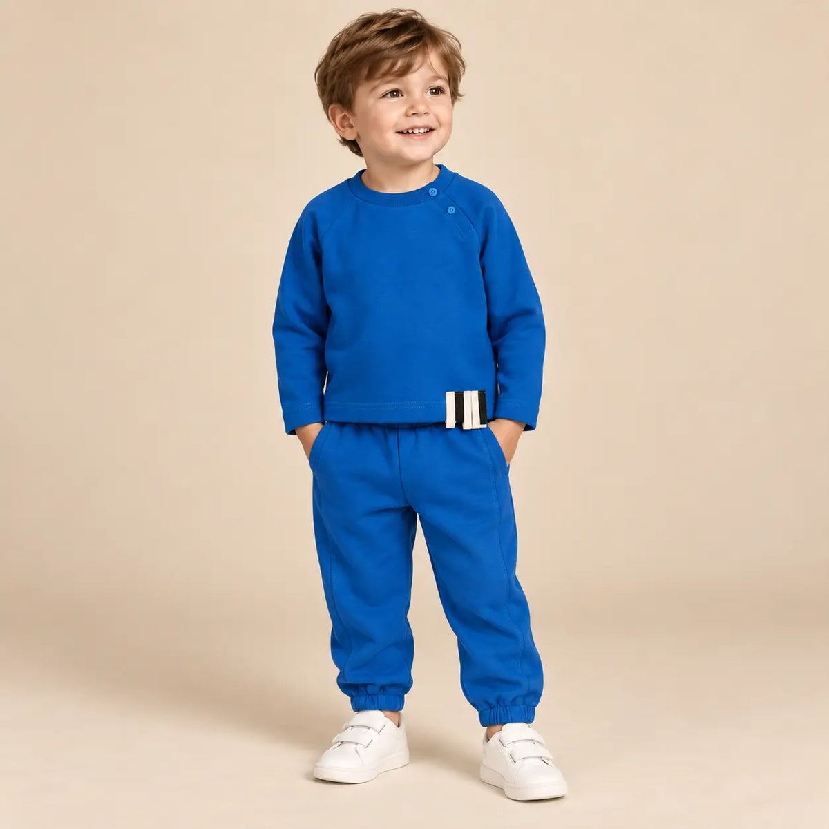 3 year boy wearing Blue Organic Cotton Sweatshirt &amp; Sweatpants