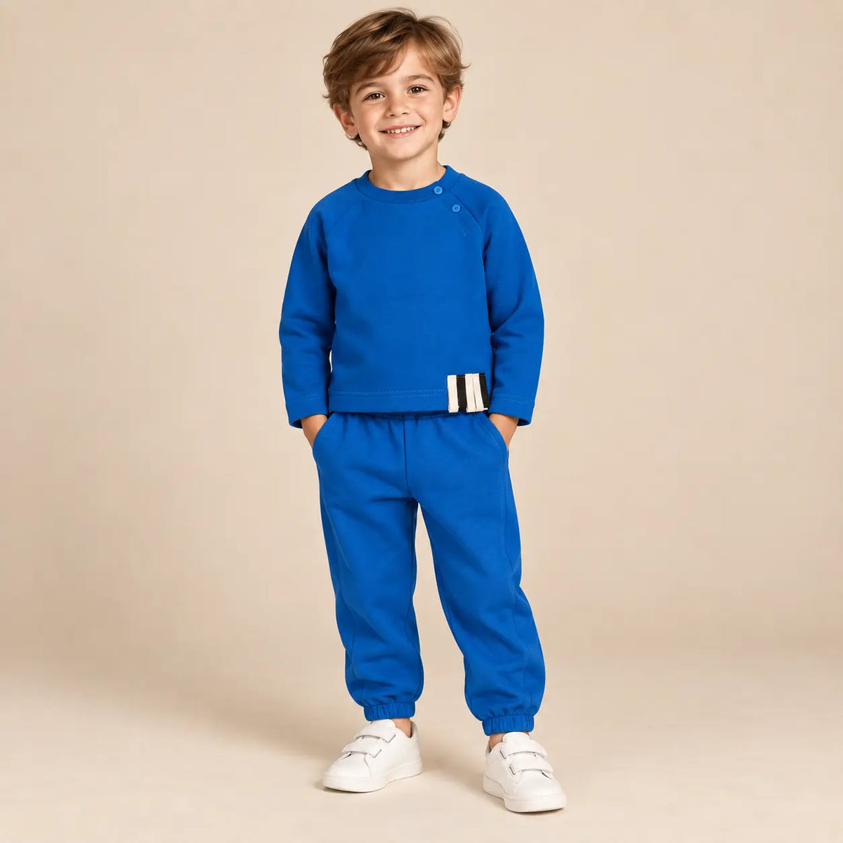 5 year boy wearing Blue Organic Cotton Sweatshirt &amp; Sweatpants