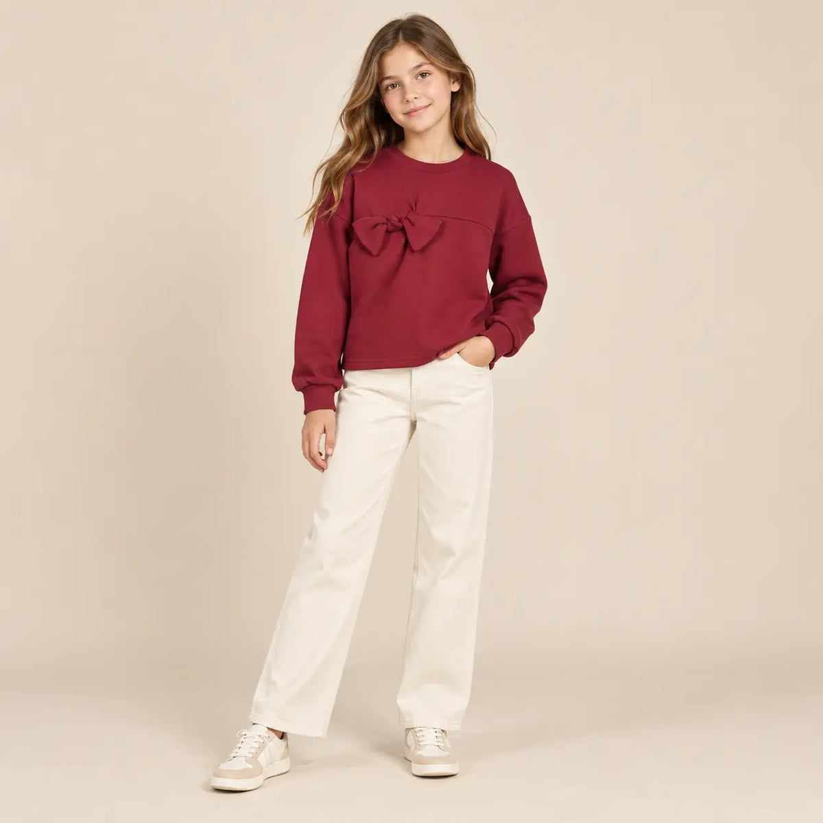 12 year girl wearing Burgundy Organic Cotton Sweatshirt with Bows