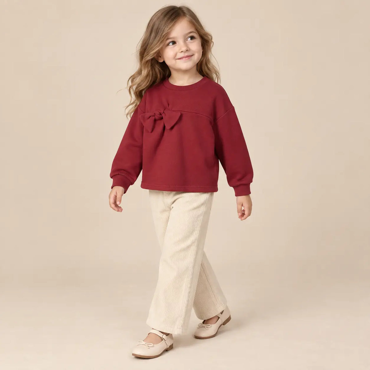4 year girl wearing Burgundy Organic Cotton Sweatshirt with Bows second pose