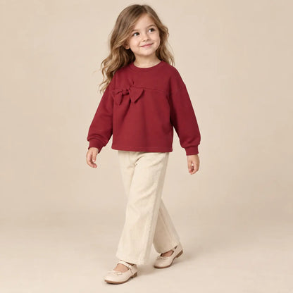 4 year girl wearing Burgundy Organic Cotton Sweatshirt with Bows second pose