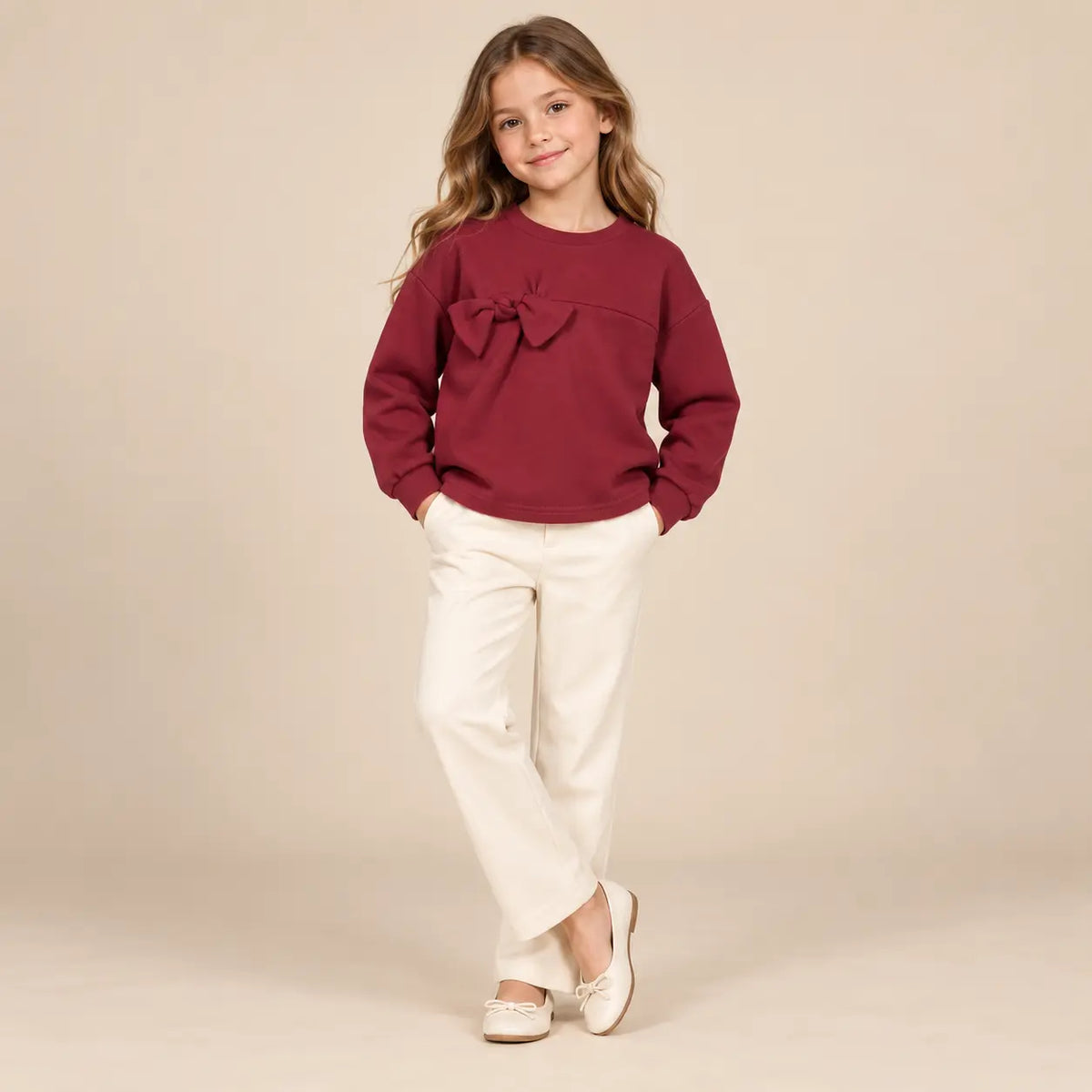 8 year girl wearing Burgundy Organic Cotton Sweatshirt with Bows