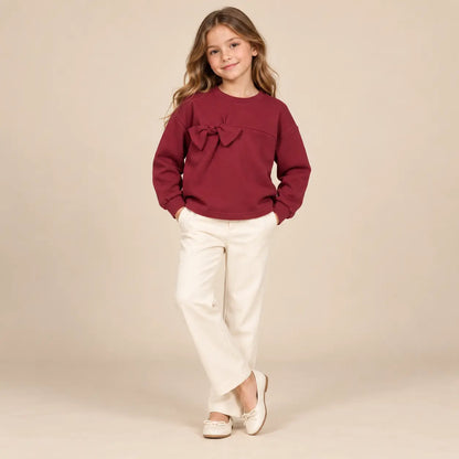8 year girl wearing Burgundy Organic Cotton Sweatshirt with Bows