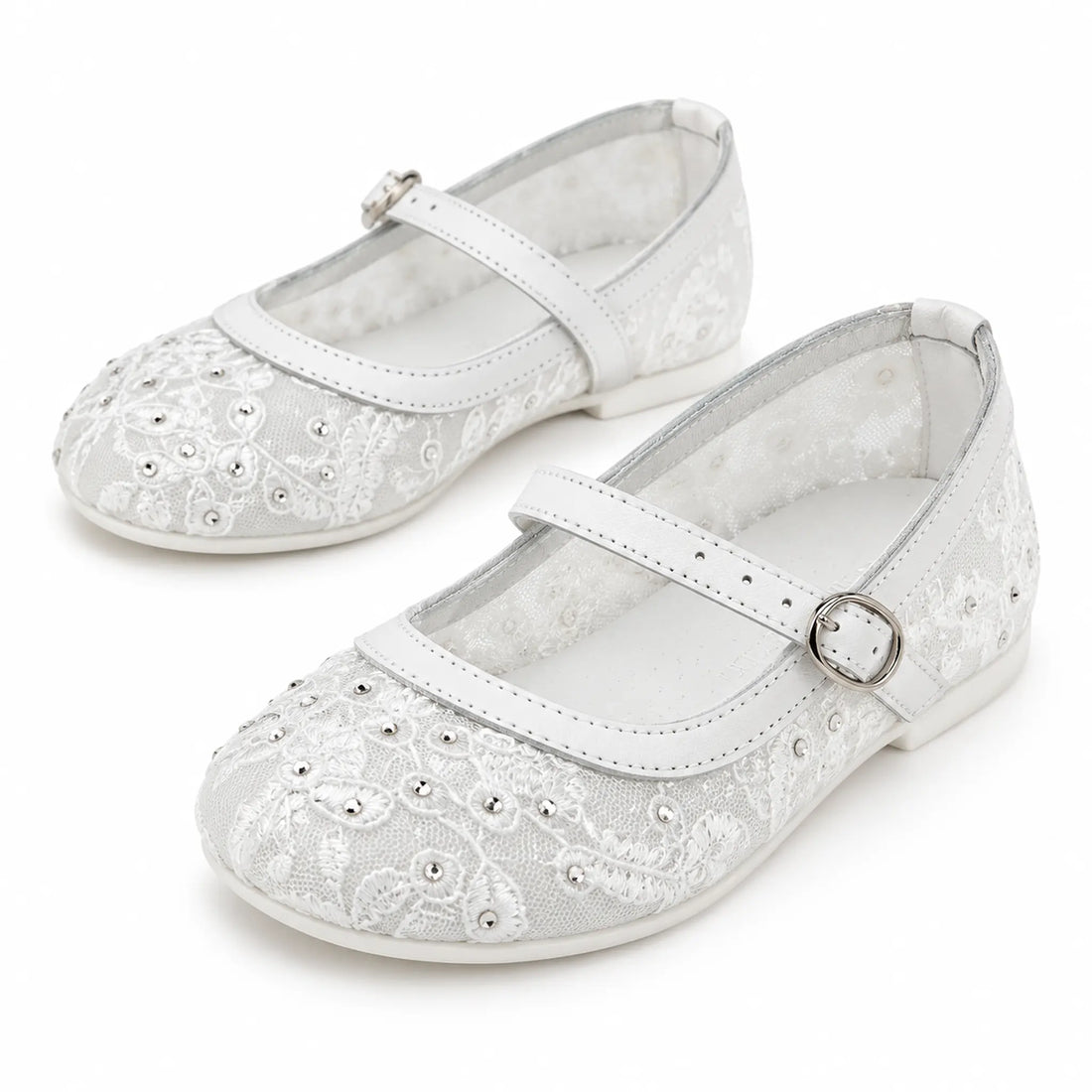 BabyWalker White Lace &amp; Rhinestone Girls Ballerina Shoes — product image on white