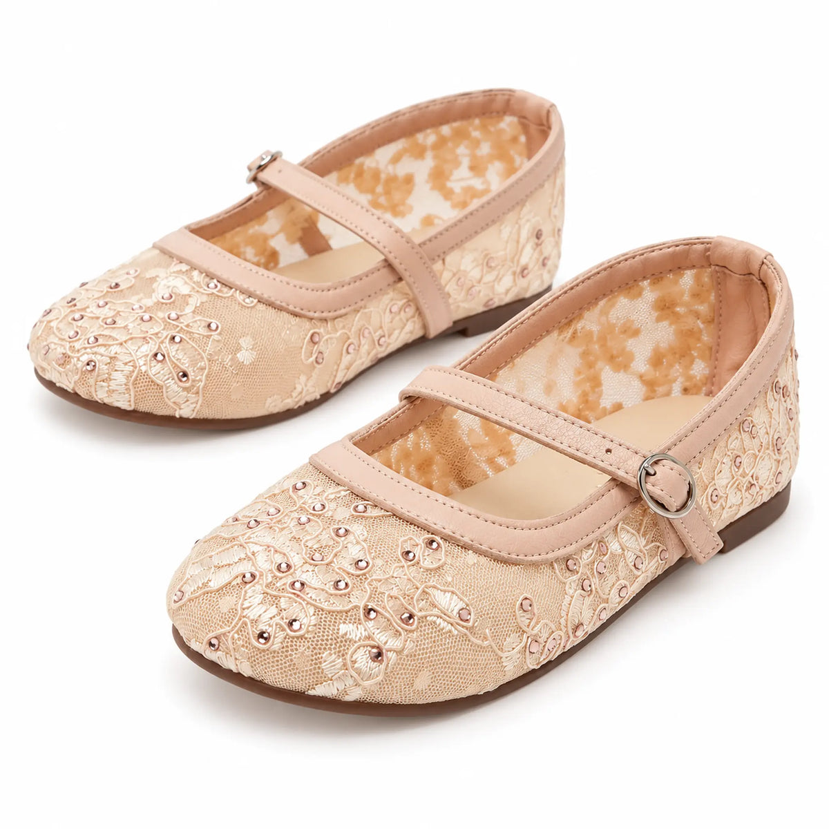 Babywalker Nude Lace &amp; Rhinestone Girls Ballerina Shoes — product image on white