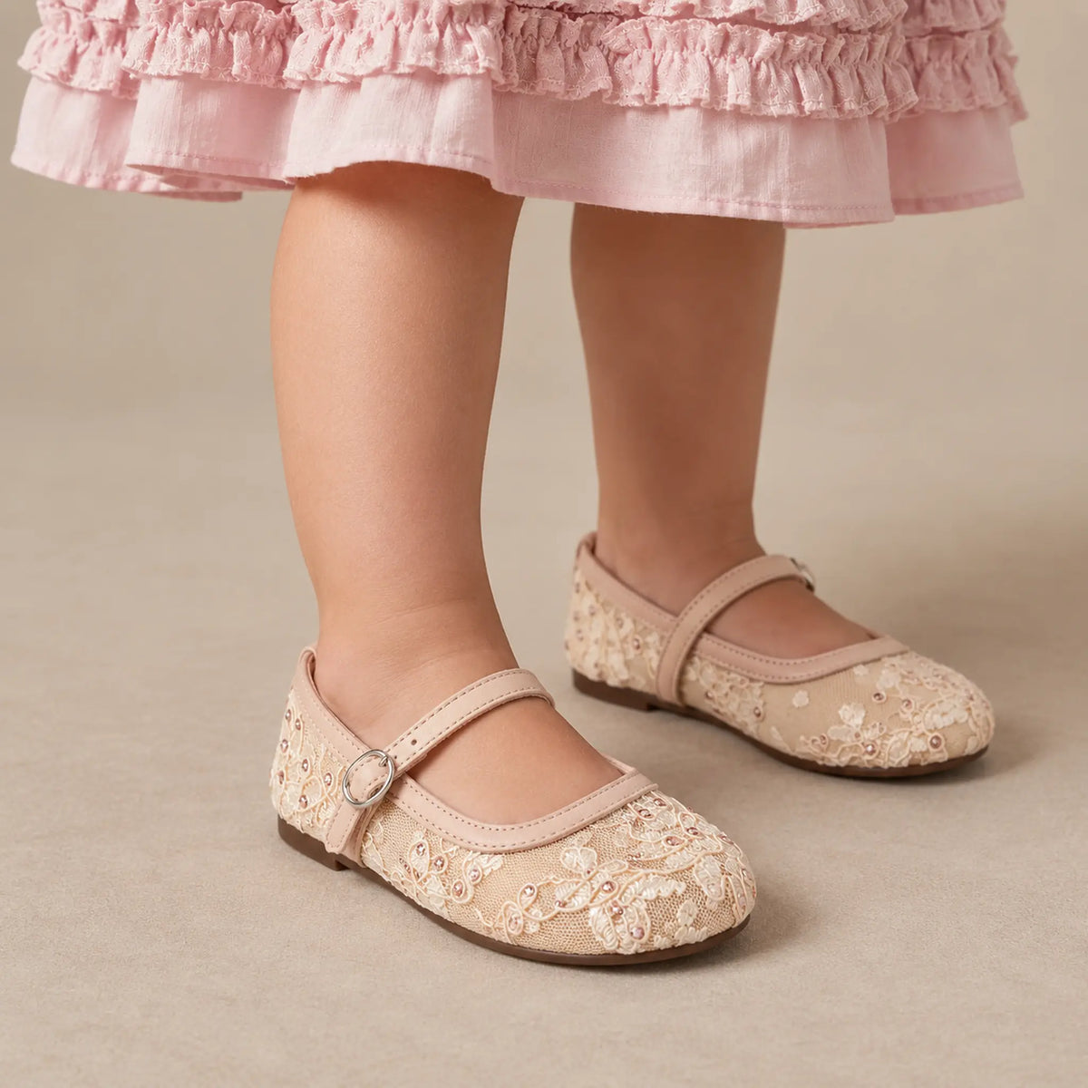 Babywalker Nude Lace &amp; Rhinestone Girls Ballerina Shoes — worn shoe close-up