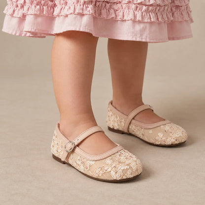 Babywalker Nude Lace &amp; Rhinestone Girls Ballerina Shoes — worn shoe close-up