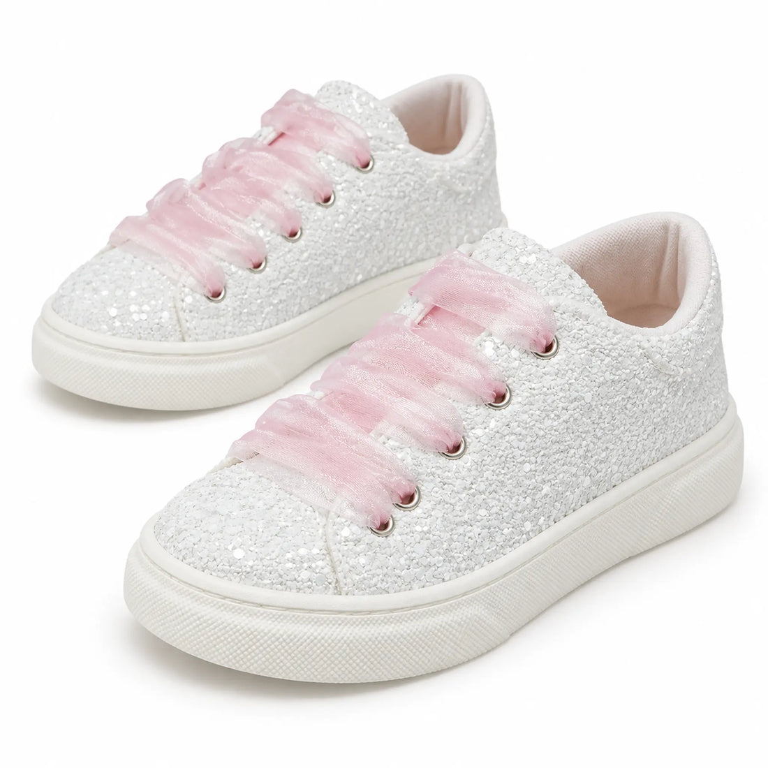 BabyWalker White Glitter Girls Sneakers with Pink Tulle Laces — product image on white