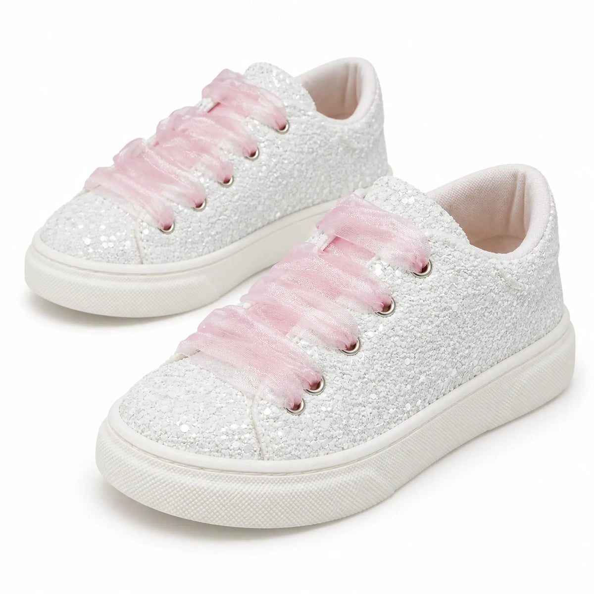 BabyWalker White Glitter Girls Sneakers with Pink Tulle Laces — product image on white