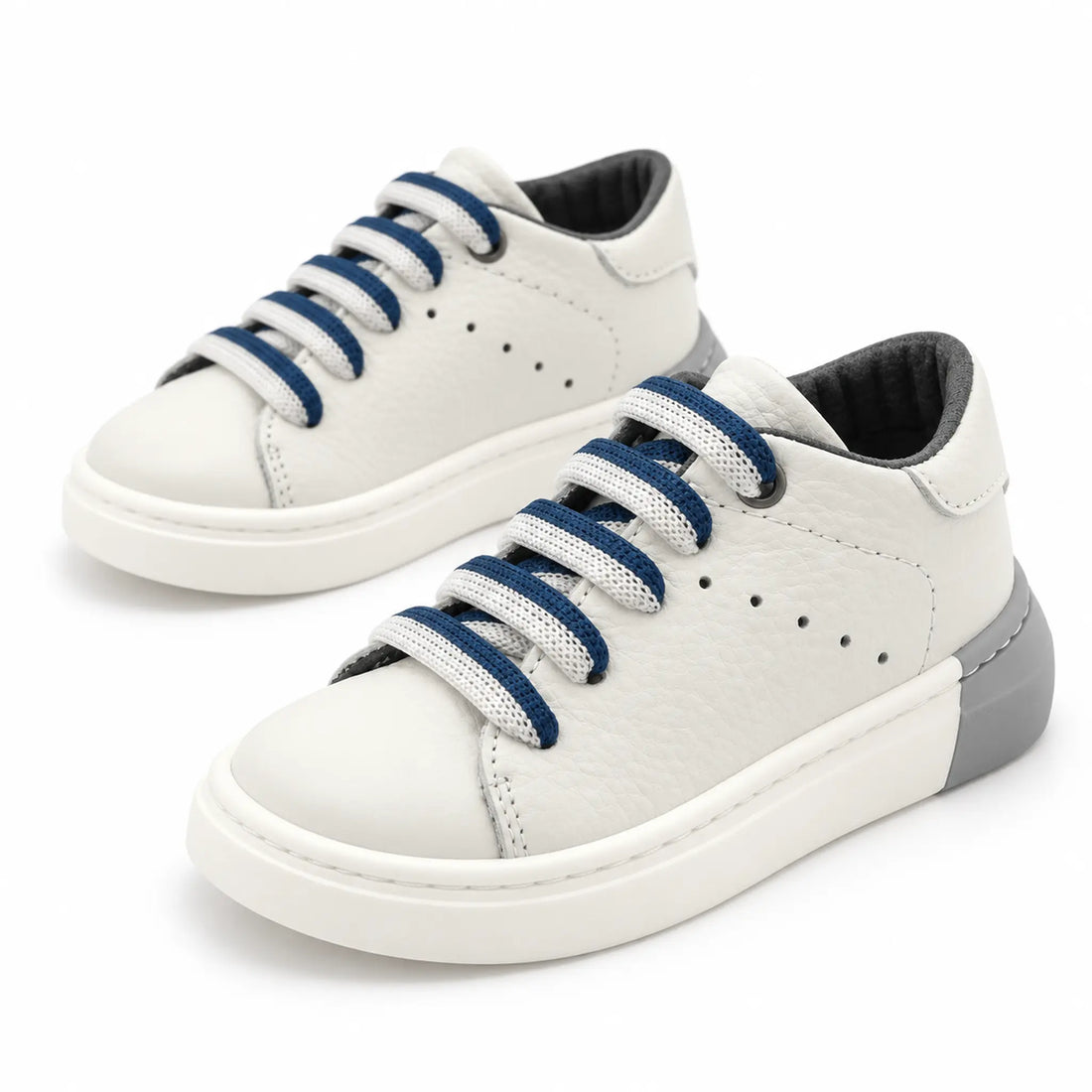 White Leather Boys Sneakers with Blue Laces — product image on white
