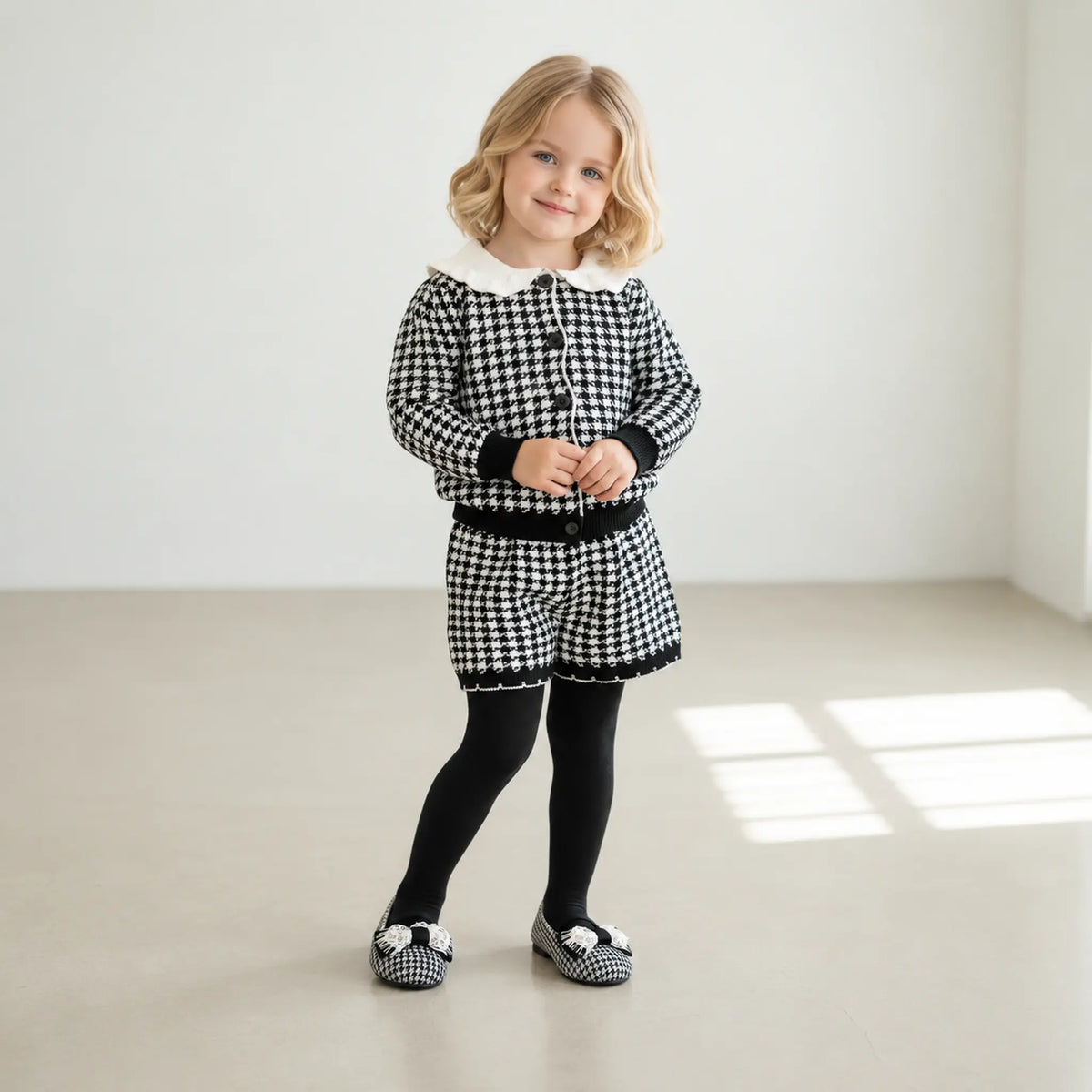 Handmade Bow Embellished Pied De Poule Fabric — lookbook, shoe size 25
