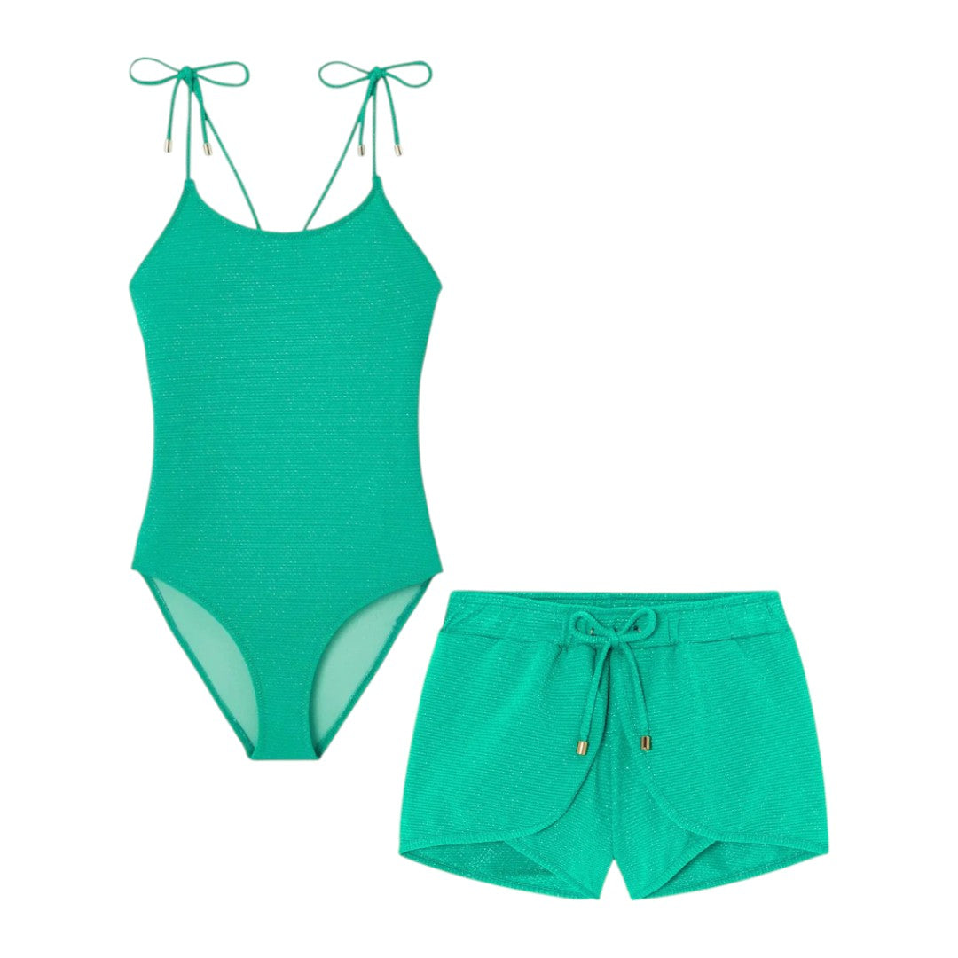 Bahamas One Piece Lurex Swimsuit &amp; Shorts - Peacock Green &amp; Gold