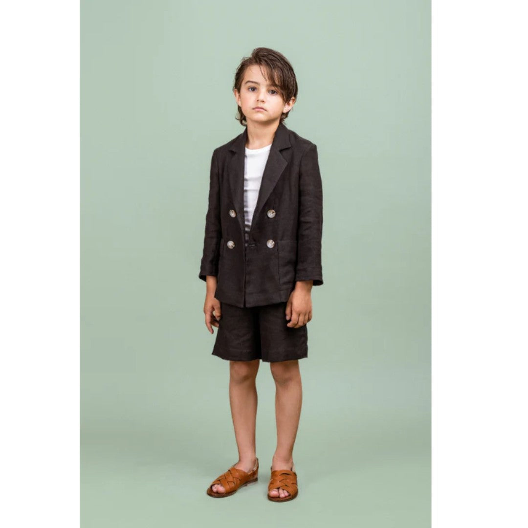 Black Linen Blend Double Breasted Jacket & Shorts